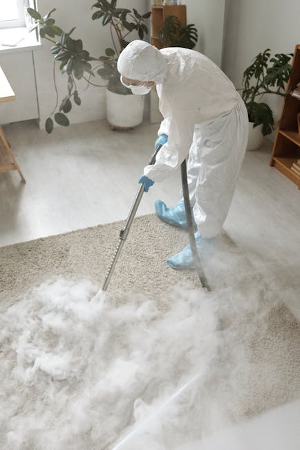 A professional cleaner dressed in a white protective suit, gloves, and face mask is performing deep cleaning on a beige carpet in a residential living room. The cleaner is using a steam or vacuum cleaning tool, with visible foamy cleaning solution on the carpet, indicating a thorough sanitisation process. The room is well-lit by natural light coming through a window, and there are decorative elements including potted plants and wooden furniture. The flooring surrounding the carpet appears clean and maintained, contributing to the overall hygiene and fresh appearance of the space. This image highlights surface cleaning and deep carpet sanitisation services offered by Carpet Cleaning Kennington, tailored for end of tenancy cleaning for landlords in Kennington.