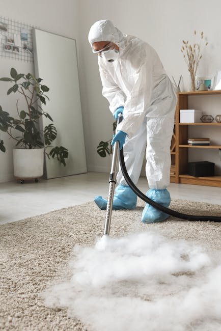 A professional wearing protective white coveralls, a face mask, and blue gloves is performing deep cleaning on a beige, textured carpet in a well-lit living room. The technician is using a vacuum or steam cleaning machine connected to a black hose, with steam or cleaning vapor visible on the carpet surface. The room features light-colored walls, a wooden shelving unit with decorative items, and potted houseplants, indicating a residential setting. The cleaning process appears thorough, targeting stain removal and surface sanitisation, consistent with services offered by Carpet Cleaning Kennington, especially following a social event or party in the Kennington Park area.